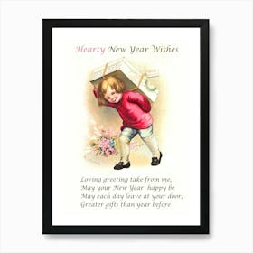 Little Boy With A Big Present And New Year Quote Art Print