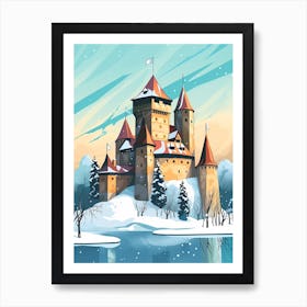 Vintage Winter Travel Illustration Trakai Castle Lithuania Art Print