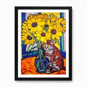 Drawing Of A Still Life Of Iris With A Cat 1 Art Print