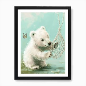 Polar Bear Cub Playing With A Butterfly Net Storybook Illustration 3 Art Print