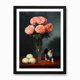 Painting Of A Still Life Of A Carnations With A Cat, Realism 1 Art Print