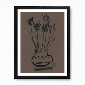 Flowers In A Vase brown dark black ink painting drawing floral flower minimal minimalist minimalism bedroom art Art Print