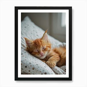 Cute Kitten Sleeping On A Bed Art Print