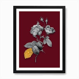 Vintage Anemone Centuries Rose Black and White Gold Leaf Floral Art on Burgundy Red n.1019 Art Print