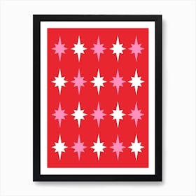 Starry Night Pink and White Stars on Red Art Print