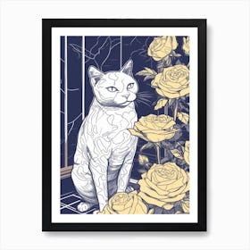 Drawing Of A Still Life Of Rose With A Cat 3 Art Print