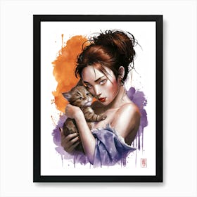 Chinese Girl With Kitten Art Print