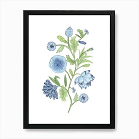 Blue Carnation and Lotus Indian style Flowers Art Print