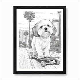 Shih Tzu Dog Skateboarding Line Art 3 Art Print