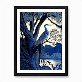Blue Heron In Tree Vintage Linocut 1 Art Print