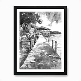 The Oasis On Lake Travis Austin Texas Black And White Watercolour 3 Art Print