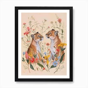 Folksy Floral Animal Drawing Cougar 2 Art Print