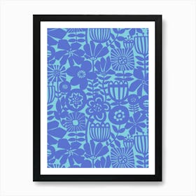 Paper Flowers Collage Monochrome Sky Blue Royal Blue Art Print