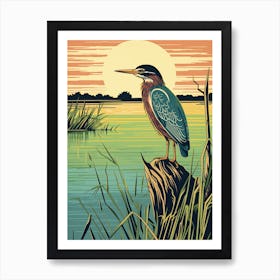 Vintage Bird Linocut Green Heron 2 Art Print