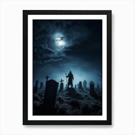 Death Fear Rising Full Fog Gravestone Dark Night Evil Background Holiday Horror Undead (16) Art Print