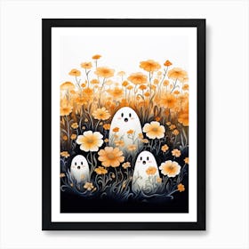 Cute Bedsheet Ghost, Botanical Halloween Watercolour 29 Art Print