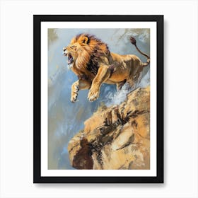 African Lion Roaring On A Cliff Acrylic Painting 2 Art Print