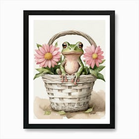 Cute Pink Frog In A Floral Basket (22) Art Print