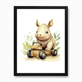 Baby Rhino On A Toy Car, Watercolour Nursery 1 Art Print