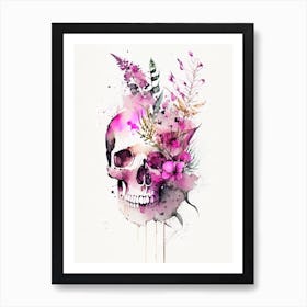 Skull With Watercolor Or Splatter Effects Pink 2 Botanical Art Print