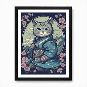 Cute Samurai Cat In The Style Of William Morris 7 Art Print