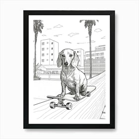 Dachshund Dog Skateboarding Line Art 2 Art Print