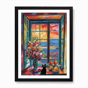 Matisse Style Open Window With Black Cat Added Colorful Vibrant Painting in HD Art Print