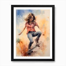 Girl Skateboarding In Los Angeles, United States Watercolour 1 Art Print