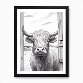 Linework Illustration Of Highland Cow Peeking In The Barn Art Print
