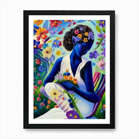 Blue Woman With Flowers Art Print