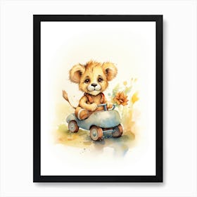 Playing With Toy Car Watercolour Lion Art Painting 3 Art Print