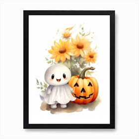 Cute Ghost With Pumpkins Halloween Watercolour 81 Art Print