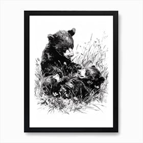 Malayan Sun Bear Playing Together In A Meadow Ink Illustration 3 Art Print