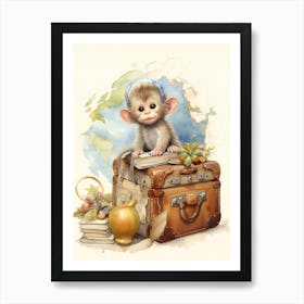 Monkey Painting Traveling Watercolour 2 Art Print