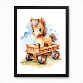 Pony On A Toy Car, Watercolour Nursery 3 Art Print