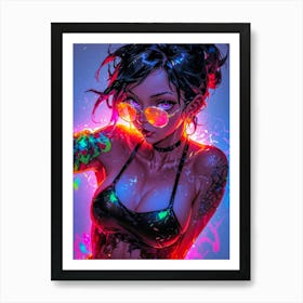 Sexy girl with sunglasses, big eyes, and crazy charm. Neon anime girl, cute manga waifu with tattoos. A beautiful cyberpunk girl, boasting a sexy body and captivating presence. Art Print