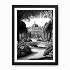 Park Of The Palace Of Versailles, 1, France Linocut Black And White Vintage Art Print
