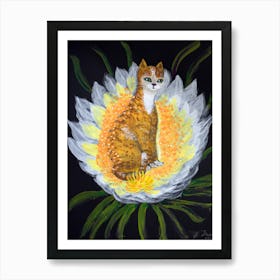 Cats Have Fun The Red Tabby Cat On A White Flower On A Black Background Art Print