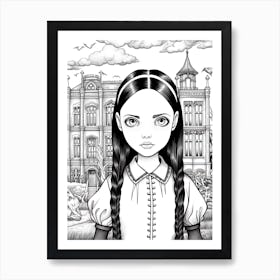 Nevermore Academy With Wednesday Addams And A Cat Line Art 3 Fan Art Art Print