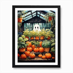 Cute Bedsheet Ghost, Botanical Halloween Watercolour 23 Art Print