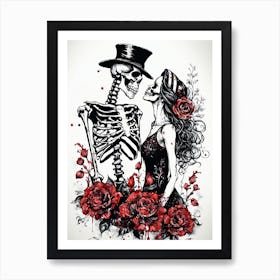 Floral Abstract Kissing Skeleton Lovers Ink Painting (16) Art Print