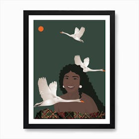 Smiling with Swans, Portrait of a Black woman Art Print Art Print