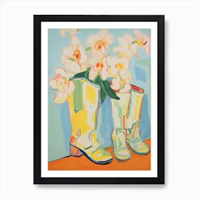 Painting Of White Flowers And Cowboy Boots, Oil Style 3 Art Print