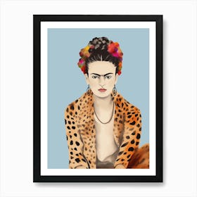 Frida Kahlo Leopard Print, Hellblau, Minimalistic Kreativ Art Art Print