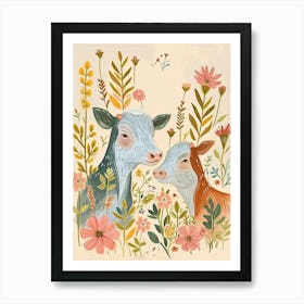 Folksy Floral Animal Drawing Cow 5 Art Print