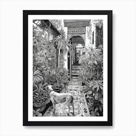 Drawing Of A Dog In Jardin Majorelle Garden, Morocco In The Style Of Black And White Colouring Pages Line Art 03 Art Print