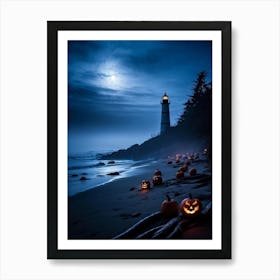 Jack O Lanterns Emanating Ethereal Glow Arrayed On A Shadowy Beach Misty Coastal Backdrop Myster (1) Art Print