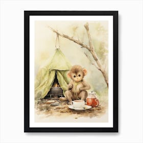 Monkey Painting Camping Watercolour 4 Art Print