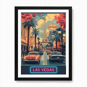 Las Vegas Cityscape with Eiffel Tower - Retro Poster Art Print