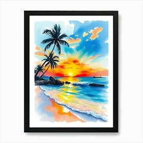 Watercolor Of Sunset On The Beach Art Print